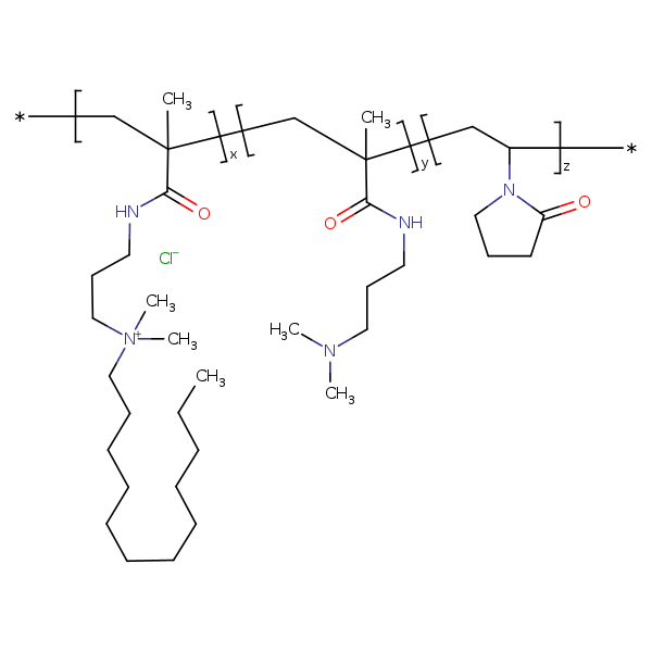 1-Dodecanaminium, N,N-dimethyl-N-[3-[(2-methyl-1-oxo-2-propenyl)amino]propyl]-,chloride, polymer with N-[3-(dimethylamino)propyl]-2-methyl-2-propenamide and 1-ethenyl-2-pyrrolidinone 분자 구조