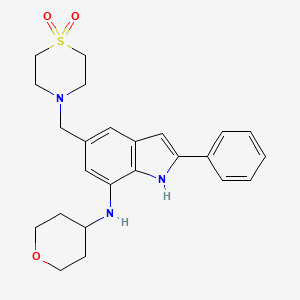TETRAHYDROPYRANYLAMINO DIOXOTHIOMORPHOLINOMETHYL PHENYLINDOLE 분자 구조
