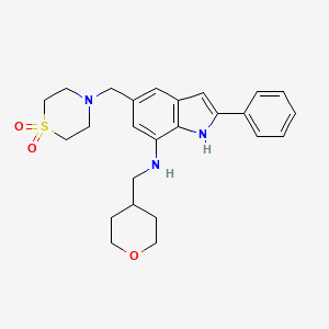 TETRAHYDROPYRANYLMETHYLAMINO DIOXOTHIOMORPHOLINOMETHYL PHENYLINDOLE 분자 구조